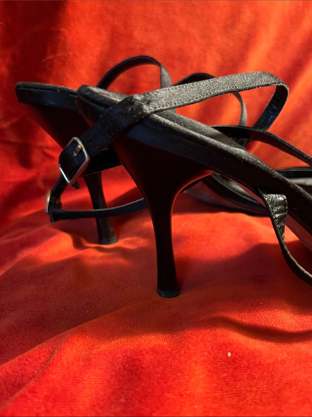 BCBGMaxAzria Black Satin Strappy Heeled Sandals - Picture 3 of 6